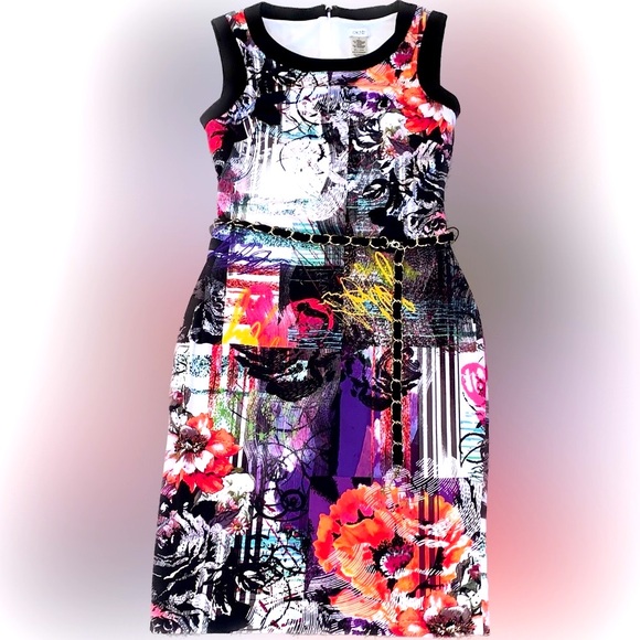 Cache Dresses & Skirts - CACHE Sheath Dress, Floral or Graffiti Print, Gold-tone Belt, Lined, Size 0